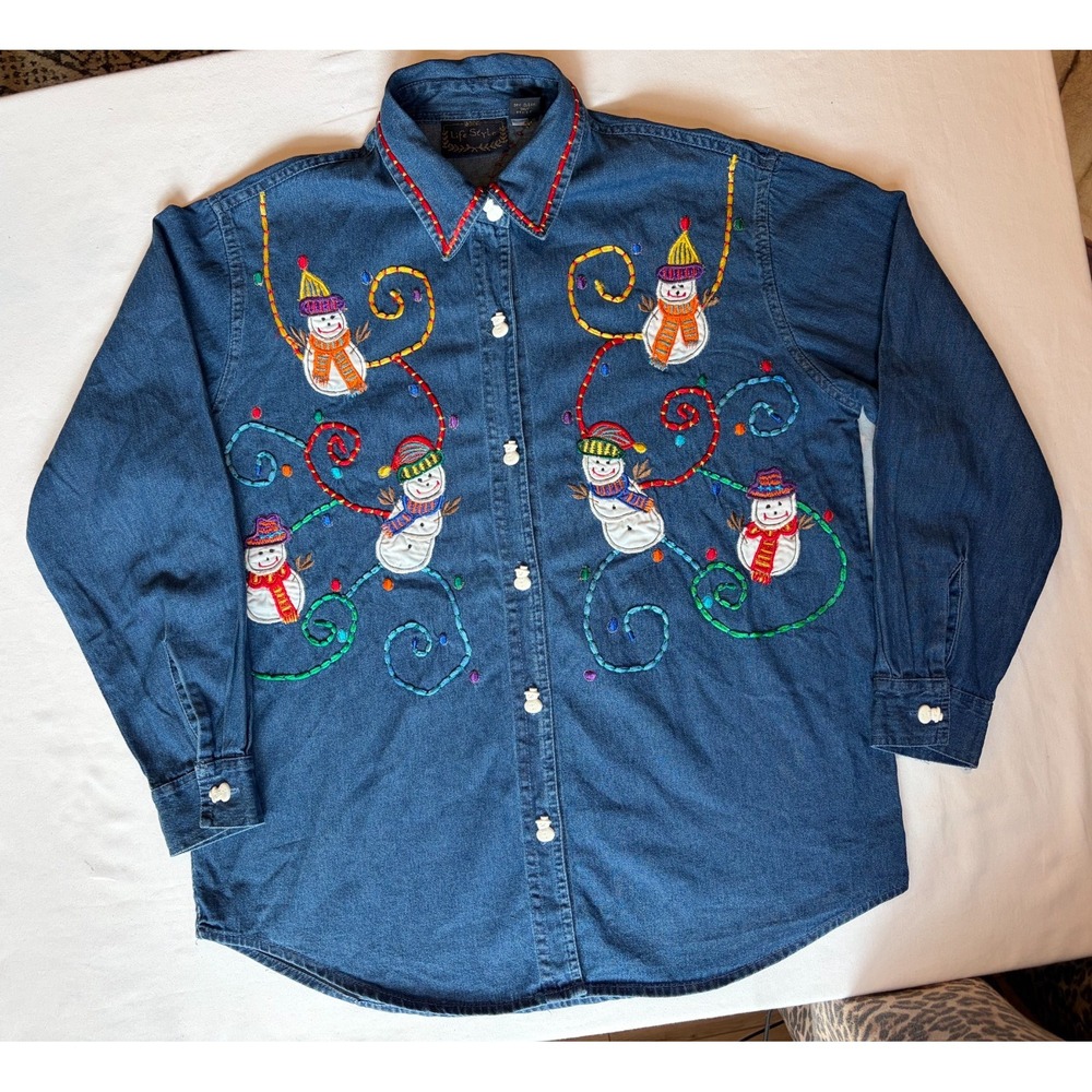 Vintage Life Style Snowman Denim Button Shirt Christmas Winter Embroidered Small